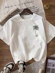 Beach Coconut Tree Print Women's Round Neck Loose T-Shirt, Summer Vacation Travel Beach, Casual Sports Elegant - White - View 6