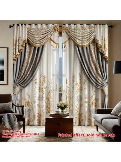 2pcs Elegant Gray Floral Sheer Curtains - Vintage High-End Design, Gold Accents, Rod Pocket, Stylish, Personalized Christmas Home Room, Durable, 100% Polyester Sheer Fabric, Suitable For Bedroom, Living Room, Light Filtering, Privacy, Lighting Adjustment, Space Decor, Seasonal Fit, Christmas Decor, Autumn Decor