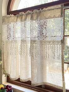 1 chiếc rèm cửa sổ nhỏ kiểu vintage họa tiết hoa, rèm voan ngắn có tua rua cho nhà bếp, phòng ngủ, kiểu may túi treo thanh treo rèm, trang trí nhà cửa, rèm cửa sổ nửa chừng kiểu mộc mạc cho phòng ăn, cửa sổ lồi. - Màu be - Xem 2