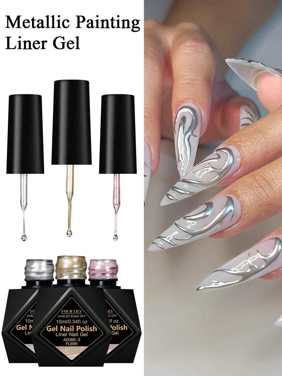 FOUR LILY 3pcs 10ml Painting Liner Gel Nail Polish Set Gold Silver Mirror Metallic Liner Gel Polish Paint Spider Line UV Gel Polish Nail Kit For Nail Art Acrylic Nail Painted Drawing Nail Design French Nails Manicure Kit For Home Salon Nail Supplies - 彩色 - 查看 1