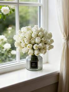 24支情人节仿真玫瑰丝花，逼真玫瑰花束，假玫瑰花茎，适用于情人节、母亲节、家居婚礼派对装饰、餐桌摆件、DIY装饰 - 白色 - 查看 6