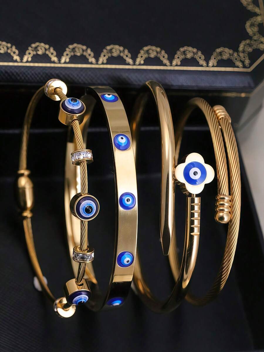 Set de 4 piezas/Set de 3 piezas/1 pieza Pulseras con diseño de ojo malvado en tono dorado | Set de pulseras con diseño de ojo azul esmaltado y cable trenzado para uso diario, casual y de fiesta - Amarillo Oro - Ver 1