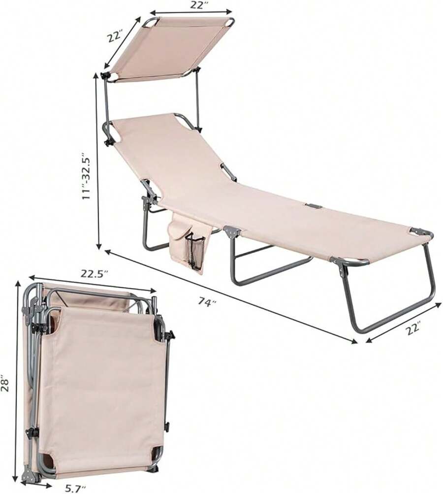 Tanning Chair, Patio Chaise Lounge Chair With 5 Adjustable Position, Shade Canopy, Storage Pocket, Camping Cot, Outdoor Sunbathing Recliner For Poolside, Lawn Folding Beach Chairs(1, Beige) - 米色 - 查看 1