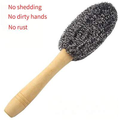 Steel Wool Brush With Handle For Cleaning Pots, Cups And Pans, Wooden Handle, Multifunctional Kitchen Cleaning Brush, Stainless Steel Pot Brush