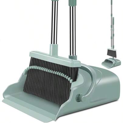 Upgrade Broom And Dustpan Set, Large Size And With Long Handle, Upright,Ideal For Indoor Outdoor Garage Kitchen Room Office Lobby Use (Green)