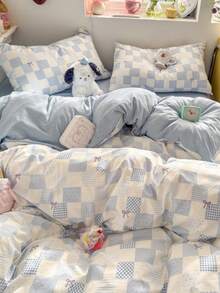 Checkerboard Print Bedding Set, Blue & White Duvet Cover With Zipper Design, Polka Dot Bow Soft 4-Piece Set Including 1*Duvet Cover + 1*Flat Sheet + 2*Pillowcases, Super Soft Polyester Fiber, Suitable For Teenagers And Adults, Machine Washable, Duvet Cover And Pillowcases Without Filler - Baby Blue - View 1