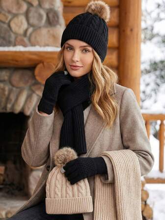 4 Stück/Set Damen Winter Wärme Gestrickte Mütze, Schal und Handschuhe, warm und gemütlich für den Lässig Outdoor Gebrauch im Herbst/Winter, Radfahren Warm Set für Damen und Herren, Valentinstag Geschenk