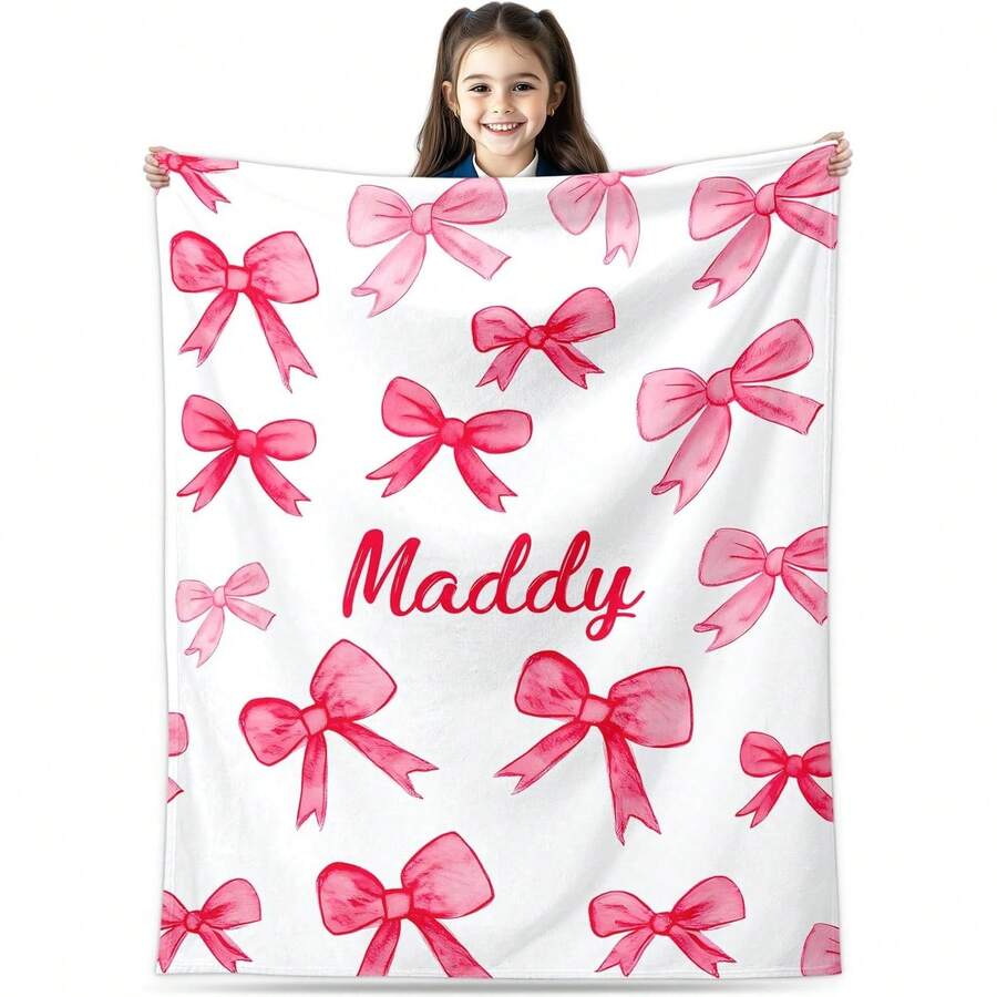 Personalized Name Pink Bow Blankets For Girls, Custom Coquette Bow Throw Blanket With Initial Name, Birthday Gifts For Daughter Women Teen Girls Granddaughter, Customized Christmas Birthday Mother's Day Gifts Coquette Aesthetic Room Decor For Sofa Bed Couch, Cute Preppy Room Decor Aesthetic Soft Lightweight Bow Stuff For Home Bed Sofa Couch Women Friends Gifts, Customizabe Pink Bow Blanket Warm Cozy Fannel Blanket For Bed Couch Sofa Office Nap Travel Office Use - 彩色 - 查看 1