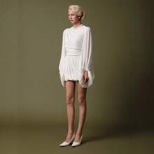 2026 European And American New Sexy Fashion Women's Fashion Casual Pleated Solid Color Long Sleeve Lantern Sleeve Dress - trắng - Xem 3
