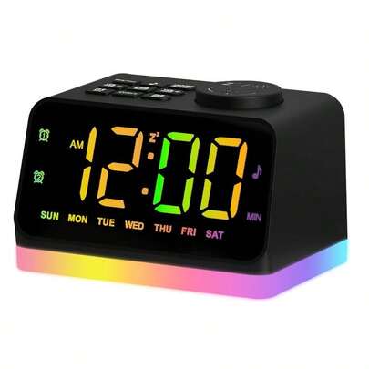 Alarm Clock For Bedroom, 8 Colors Night Light With 2 Charging Port, Sleep Sound Machines With Timer, Dual Alarm, Loud AlarmFM Radio And Easy To Use For Seniors And Kids As Gift Black