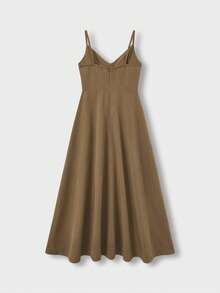 QUNGIGU 女士优雅吊带中长连衣裙，V领亚麻质感A字裙摆，露背高腰飘逸夏季沙滩婚礼宾客鸡尾酒会礼服 - 棕色 - 查看 7