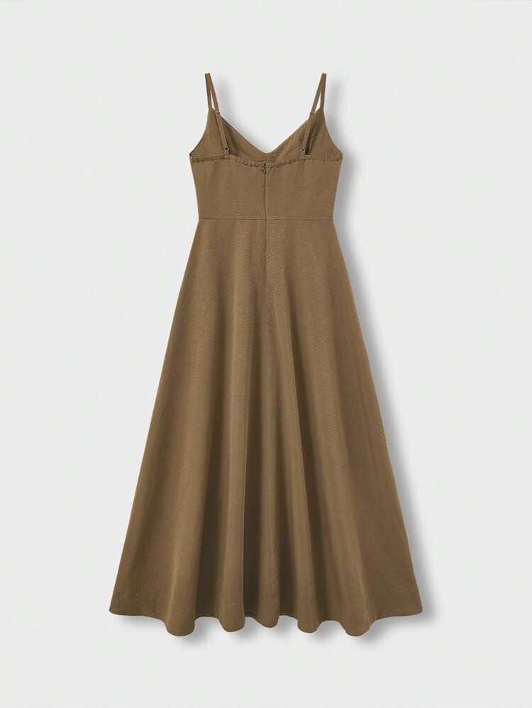 QUNGIGU Vestido de mujer elegante de longitud media con tirantes finos, falda de línea A con textura de lino y cuello en V, vestido de verano fluido y sin espalda para boda, fiesta de cóctel y playa - Marrón - Añade 7