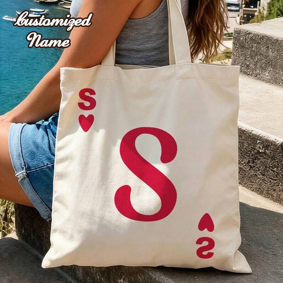 Queen Of Hearts Cotton Tote Bag / Las Vegas Bachelorette Party Favor / Customized Canvas Tote Bag, Suitable For Bridal Shower, Bachelorette Party, Birthday Gift, Wedding Favor, Valentine's Day Gift, New Year Gift - Multicolor - View 1