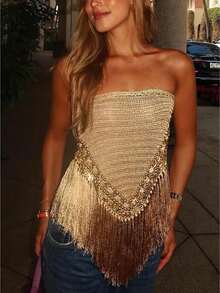 Women's Bright Yellow Fringed Irregular Strapless Party Top, Women's Slim-Fit Nightclub Party Top - 金色 - 查看 1