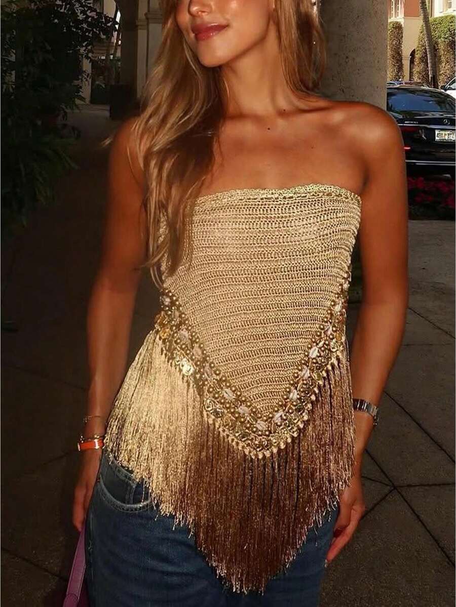 Women's Bright Yellow Fringed Irregular Strapless Party Top, Women's Slim-Fit Nightclub Party Top - 金色 - 查看 1
