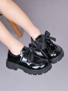 Girls' Elegant Comfortable Flat Shoes, Fashion Leather Bow Slip-On Loafers - Black - View 3