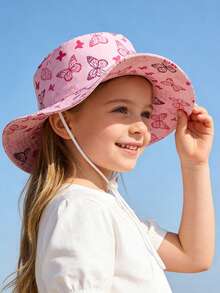 1pc Kids Butterfly Pattern Bucket Hat - Pink Printed Sun Hat With Adjustable Chin Strap, Suitable For Everyday Outdoor (2-6 Years Old) - Butterfly - View 7