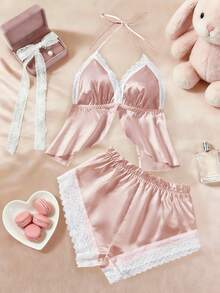 情人节礼物蕾丝缎面性感内衣套装 - 吊带开衩文胸和弹力短裤 - 女士贴身睡衣