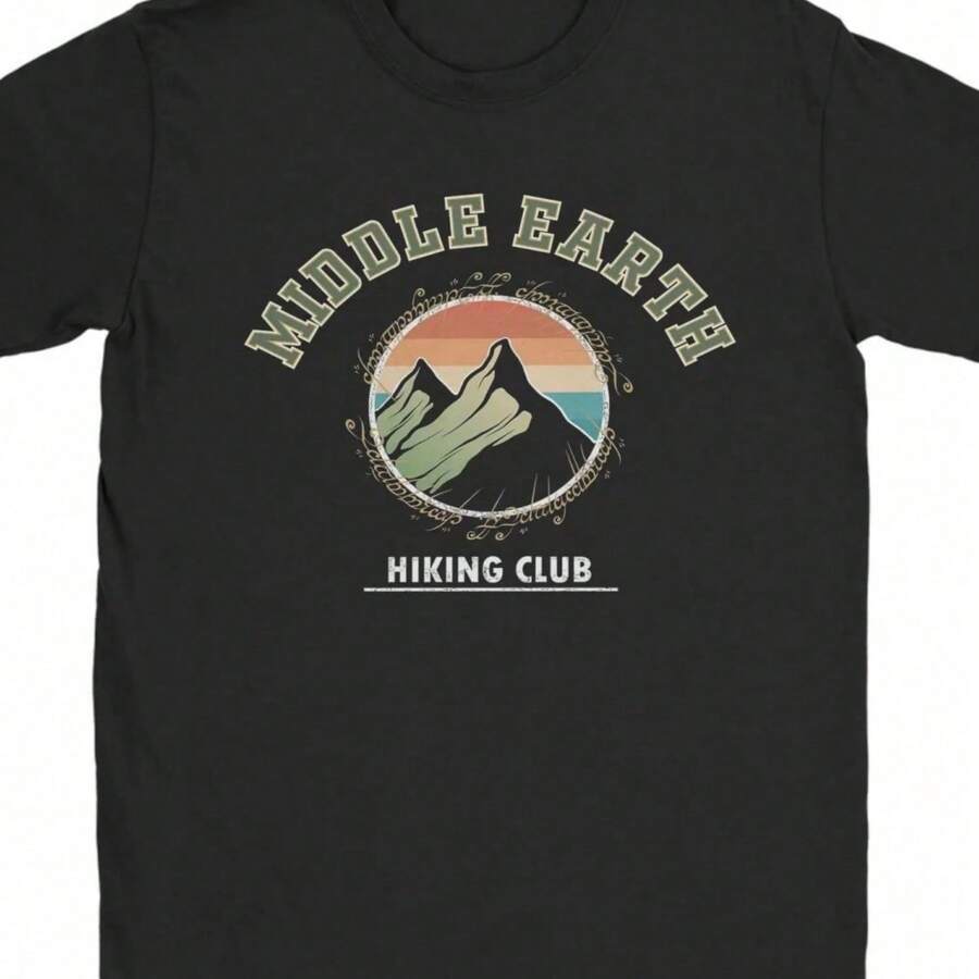 Men T-Shirt Middle Earth Hiking Club L-Lords Of The R-Rings Pure Cotton Tees Short Sleeve T Shirts Crew Neck Clothes Original - 黑色 - 查看 1