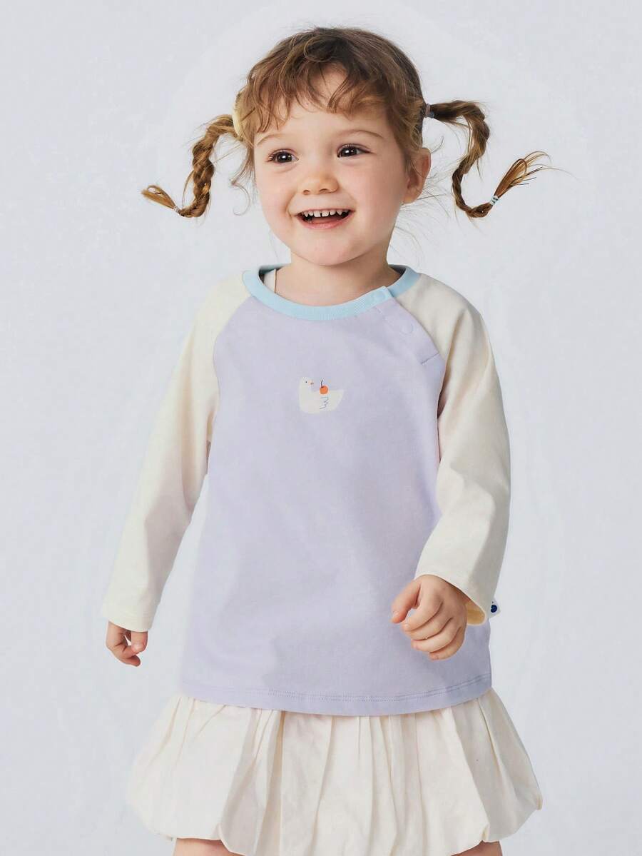 mini bala Kaos Lengan Raglan Musim Semi 2-26 untuk Bayi Perempuan, Kain Lembut dan Bernapas, Motif Lucu, Unisex - Nada putih ungu - View 1