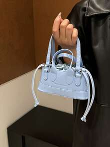 Fashionable Solid Color PU Drawstring Mini Handbag, Metallic Color Crossbody Small Shell Bag For Women - Blue - View 8