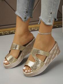 Nuevas sandalias versátiles para mujeres maduras, de estilo minimalista, cómodas y casuales, con cuña dorada y negra, suela gruesa, para viajes y exteriores, para primavera/verano - Dorado - Ver 5