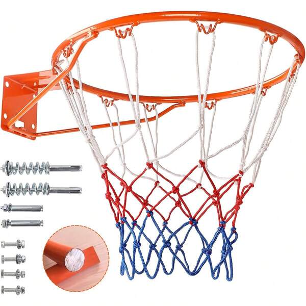 Basketball Rim 18'' (45cm) Full Size Replacement Outdoor Wall Door Mounted With All Weather Net Solid Steel 18 Inch