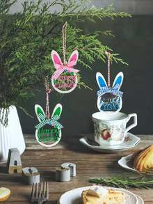 4pcs Easter Bunny Hanging Decorations, Wooden Hollow Bunny Ornaments With Plaid Bow And Rope, Cute Spring Hanging Decor For Home, Garden, Office And Party - Multicolor - View 4