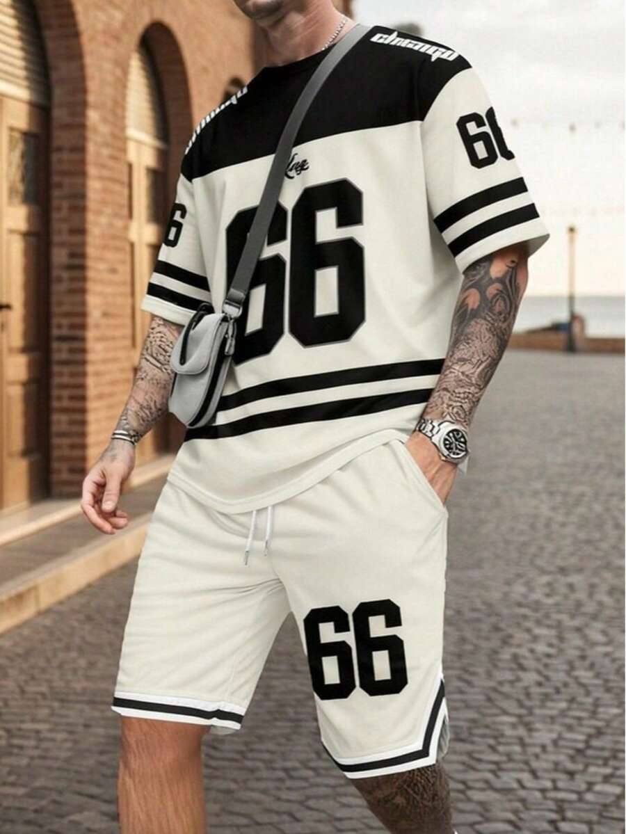 Bộ áo thun ngắn tay và quần short nam phối màu tương phản, in số, thích hợp cho mùa hè. - Nhiều màu - Xem 1