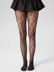 1双女士花卉蕾丝连裤袜/长筒袜，渔网袜，高腰显瘦紧身大码渔网提花打底裤，适合各种场合 - 黑色小花朵 - 查看 3