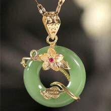 1pc Flower Tree Of Life Pendant With Faux Jade Stone, Leaves Decor Necklace, Unique Design For Women's Elegant And Personalized Style Valentines,Mom,Mother,Mother's Day,Gift - Vàng - Xem 1