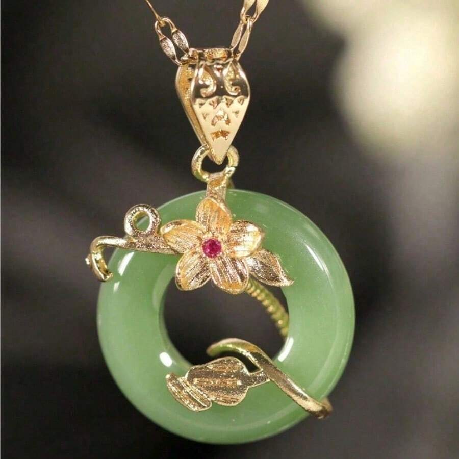 1pc Flower Tree Of Life Pendant With Faux Jade Stone, Leaves Decor Necklace, Unique Design For Women's Elegant And Personalized Style Valentines,Mom,Mother,Mother's Day,Gift - Vàng - Xem 1