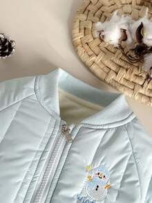 1件女童雪人刺绣休闲拉链外套，加厚保暖长袖，下摆带松紧带，适合冬季外出穿着