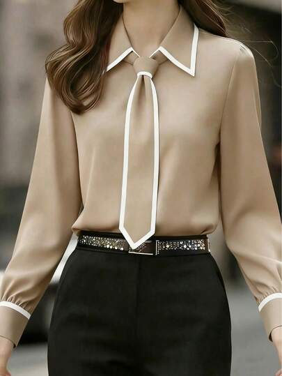 女士优雅黑白撞色领长袖衬衫，配领结细节 - 经典领商务休闲衬衫，适合所有季节，办公及休闲场合皆宜，修身剪裁，打造专业半正式的春季着装风格