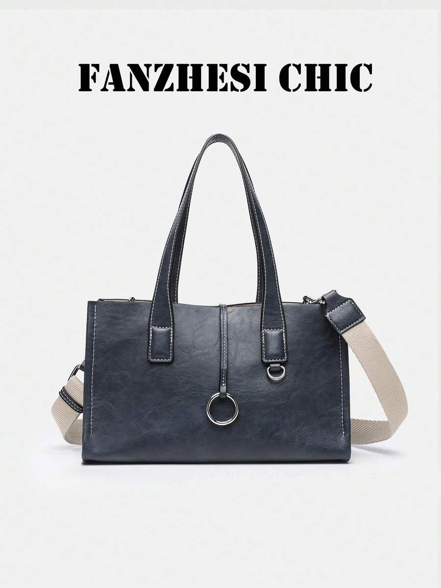 This Deep Blue Leather Handbag Features Sharp Lines And A Striking Silver Metal Ring On The Front, Making It Perfect For Various Occasions Such As Daily Commuting, Business, And Leisure. - Volcanic Gray - View 1