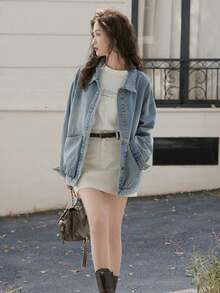 2025新款宽松休闲牛仔外套，女士秋冬款 - 復古藍 - 查看 8