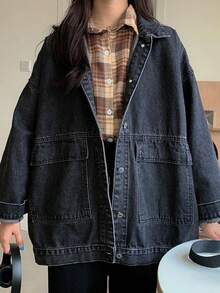 Cazadoras & abrigos mezclilla para mujer Prenda exterior 2026 Estilo coreano Oversize Versátil Casual Ropa de trabajo Top - Negro - Ver 3
