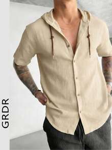 GRDR 男士休闲连帽短袖衬衫 | 精致设计 | 夏季必备 | 时尚百搭，展现您的风格 - 杏色 - 查看 2