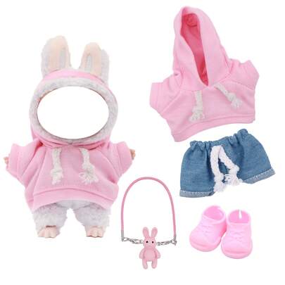 休闲连帽衫和牛仔裤套装，配有可爱的兔子吊坠装饰，适合作为节日、生日礼物（不含毛绒玩具）