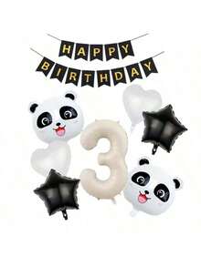 8pcs Cute Panda Head Foil Balloons, Cartoon Panda Balloons For Party Decoration, Paired With Black & White Hearts, Pentagram, Happy Birthday Letter Banner, Suitable For Panda Themed Birthday Party, Baby Shower, Gender Reveal, Anniversary And Other Celebrations - Beige - View 15