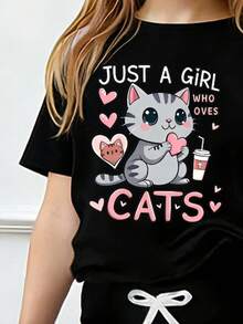 小女孩卡通猫印花短袖T恤搭配修身喇叭裤休闲装 - 黑色 - 查看 3