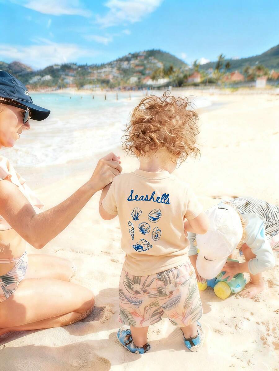 男童休闲贝壳印花圆领短袖T恤，夏季学生童装 - 杏色 - 查看 1