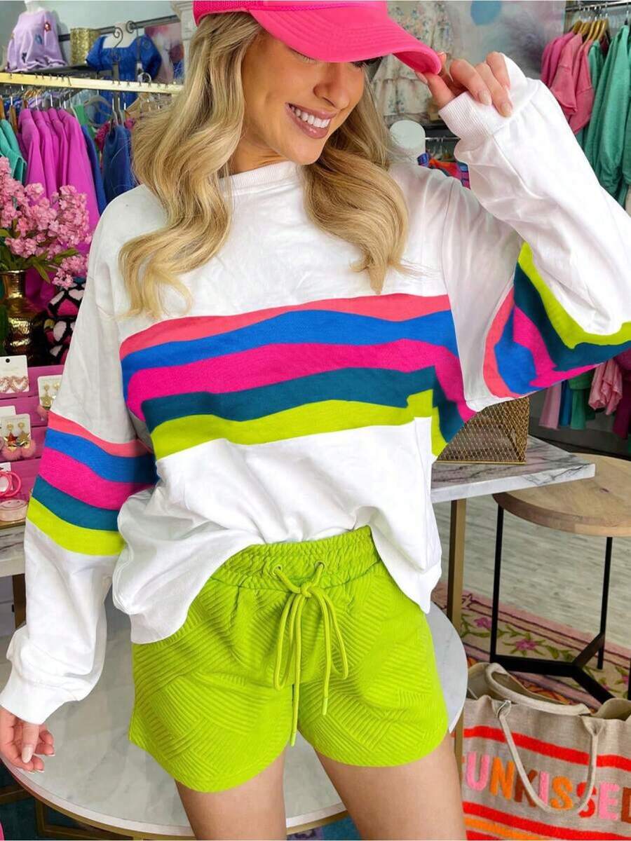 Plus Size, Plus Size Color Block Hoodie Top - Round Neck Spliced Shirts, Long Sleeve Casual Blouse, Machine Washable All-Season Comfortable Tops For Office To Weekend Wear - Màu hỗn hợp - Xem 1