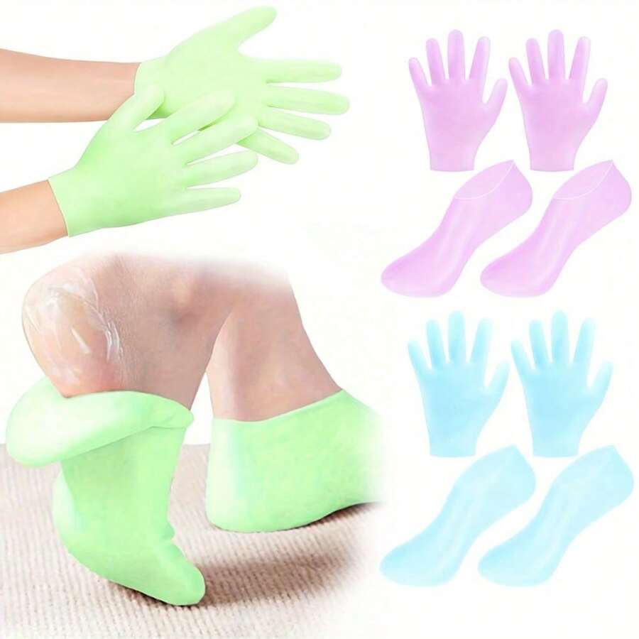 硅胶保湿足套和手套套装 - 凝胶保湿袜、保湿手套，专为女性足部护理设计，适用于干燥、粗糙的足部，女性足部护理工具套装 - 彩色 - 查看 1