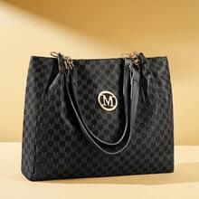 Women's PU Retro M Print Character, M Retro Hardware Accessories, Large Capacity Spring Summer Travel Vacation Zipper Closure Shoulder Bag, Crossbody Bag, Handbag, Tote Bag, Mother's Day Gift - 黑色 - 查看 10