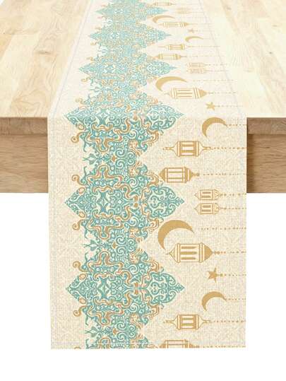 1 szt. bieżnik na stół z motywem błogosławieństwa Ramadanu, klasyczny kwiatowy wzór i latarnia, nadruk jednostronny, prostokątny bieżnik z poliestru i imitacji lnu, odpowiedni do wystroju domu, kuchni, jadalni, wnętrz i na zewnątrz, idealny na świąteczne spotkania i uroczystości