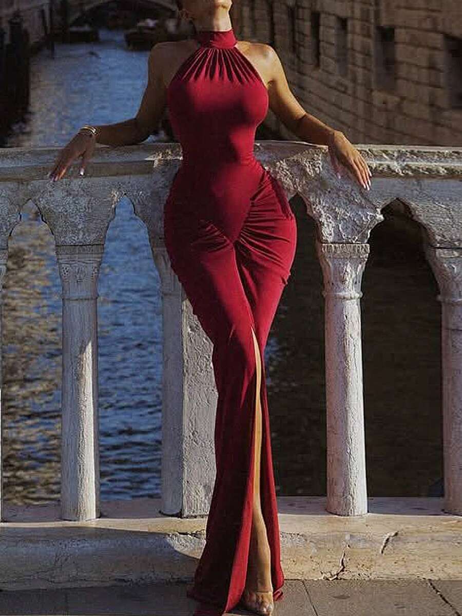 Vestido elegante de mujer de terciopelo ajustado con espalda descubierta, cintura ceñida, corte de abertura alta, de estilo vintage, con estiramiento medio, adecuado para fiestas y eventos de noche