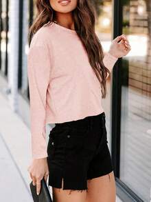 Women's Long Sleeve Crop Top Loose Fit Crew Neck Drop Shoulder Cropped T-Shirt Casual Basic Tee - Hồng - Xem 2