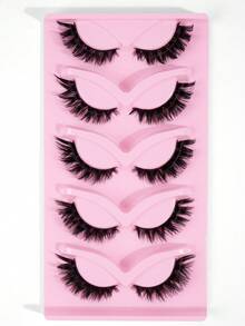5对猫眼卡通假睫毛，仿貂毛假睫毛，加长双层睫毛，3D自然纤长假睫毛，外眼角加长设计，打造逼真凌乱的妆效，夏季旅行必备，海滩度假，露营旅行，方便携带 - 黑色 - 查看 6