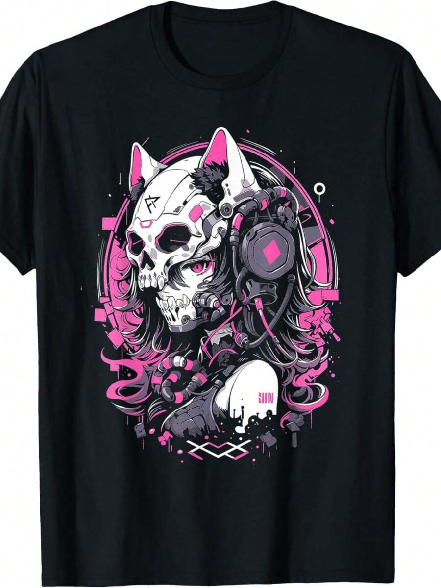 EWH Anime Girl Cyberpunk Aesthetic Technology Style Harajuku T-Shirt 220g, Anime Clothing, Casual Wear, Harajuku Style, Pattern Printed Short Sleeve Top, Soft Texture, Fashion Street  Clothing, Suitable For Young People